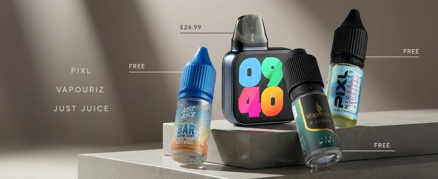 Three Free E-liquids with selected refillable vape kits!
