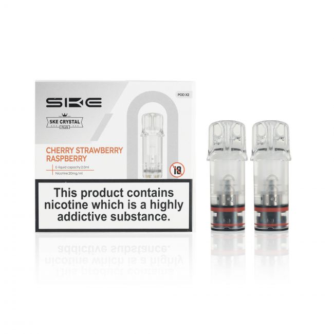 SKE Crystal Plus E-Liquid Pods and box Cherry Strawberry Raspberry