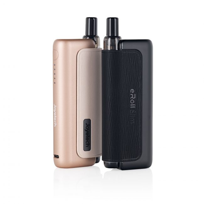 Two Joyetech eRoll Slim full kits side-by-side: Black and Gold colours
