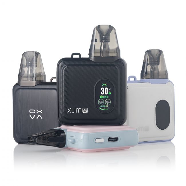 OXVA Xlim SQ Pro Kit in a collection including four different colours; Gunmetal Wood, Black Carbon, Pastel Pink, Mauve White