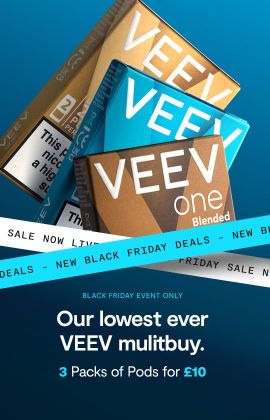 Veev Multibuy Black Friday Offer. Showing three packs of Veev One pods for £10. Lowest ever multibuy in large text.
