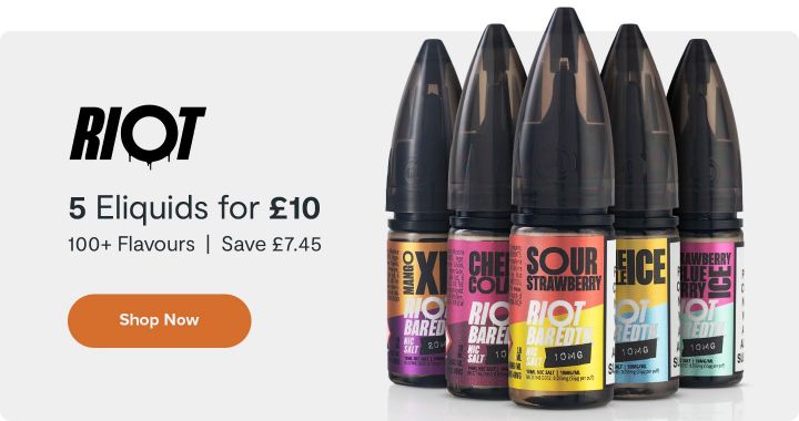 5 For £10 on all RIOT E-liquids. Save £7.45!