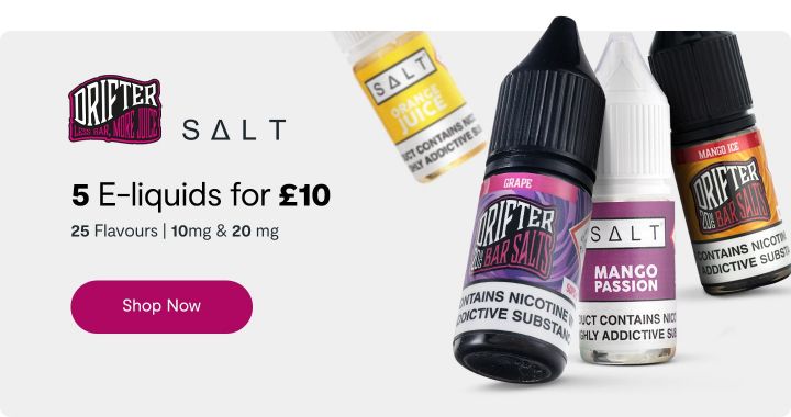 5 For £10 on Drifter Bar Salts & SALT E-liquids. Save £7.45!