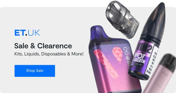 ET.UK sale banner featuring vaping products, including a purple disposable vape, vape liquid, and a transparent pod. Text promotes a clearance sale with a 'Shop Sale' button.