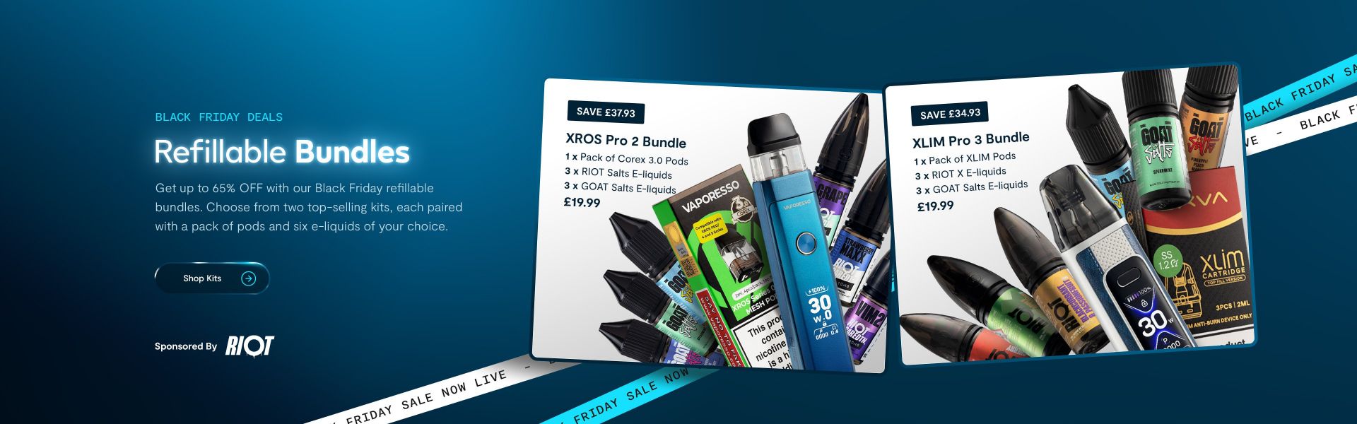 Black Friday Refillable Bundles promotion featuring the Vaporesso XROS Pro 2 bundle and the XLIM Pro 3 bundle. Each bundle includes a refillable device, pods, and multiple e-liquid bottles in assorted flavours