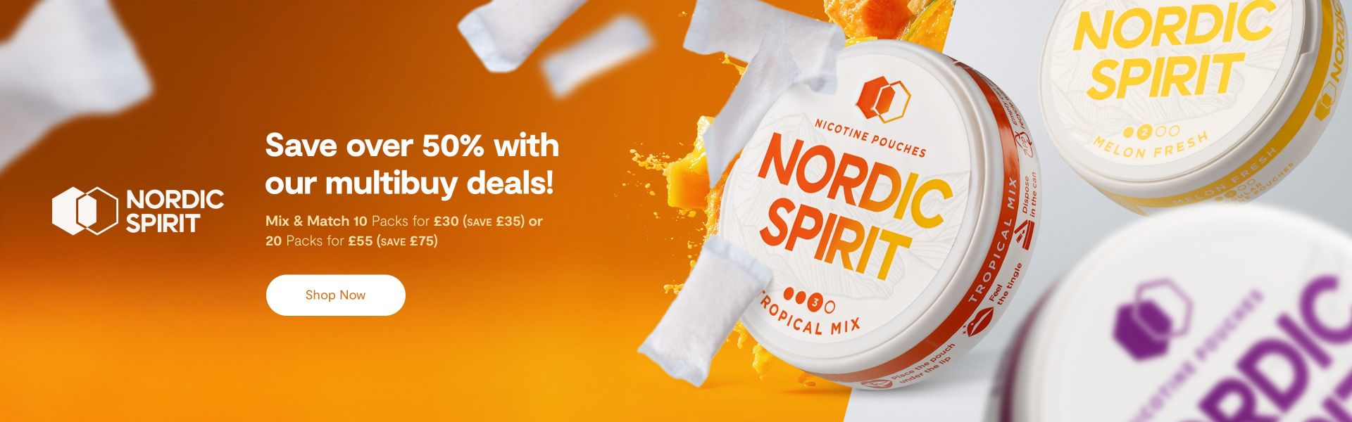 Nordic Spirit promo for nicotine pouches with multibuy savings and product packs displayed.