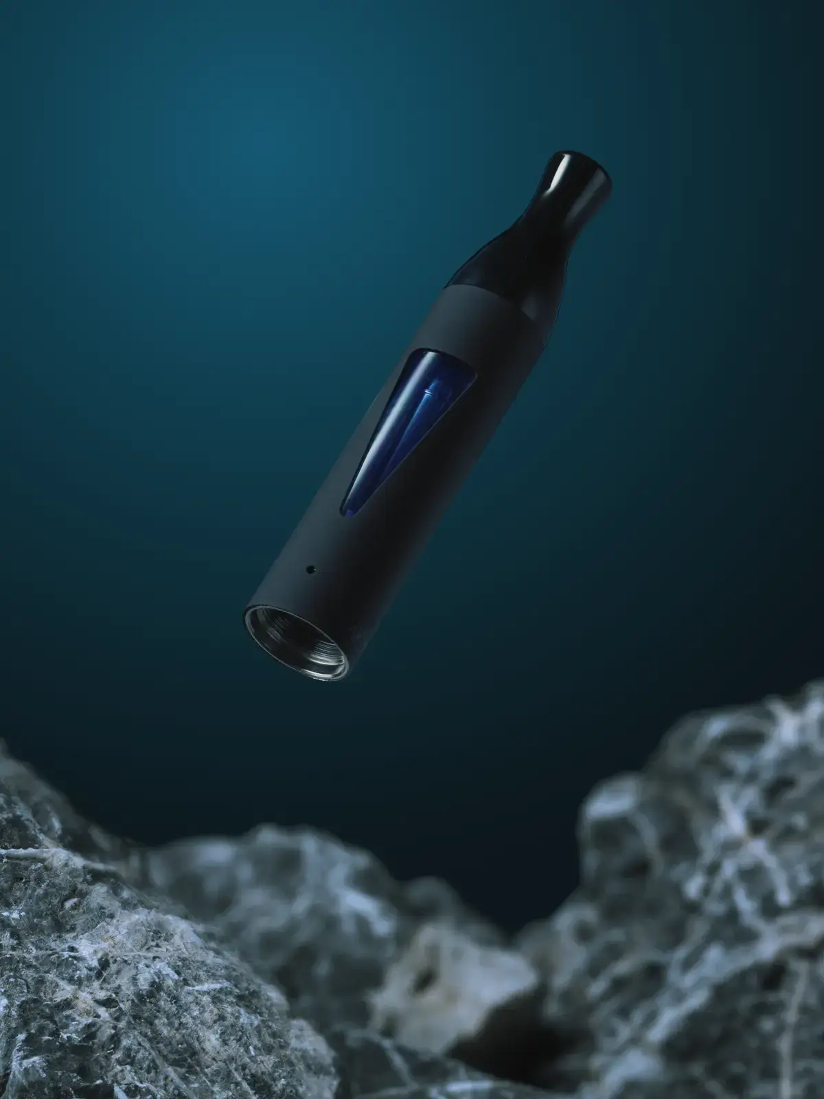 blu Pro clearomizer, floating on its own in front of a dark, stylised background