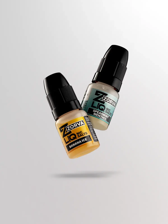 A Banana Ice ZORVA E-liquid & Spearmint Menthol ZORVA E-liquid floating side by side on a white background