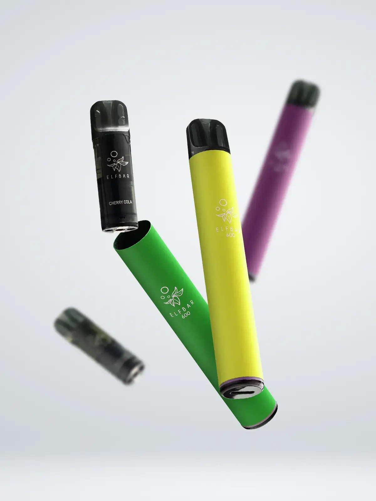 A selection of Elf Bar 600 devices and pods floating in front of a light background