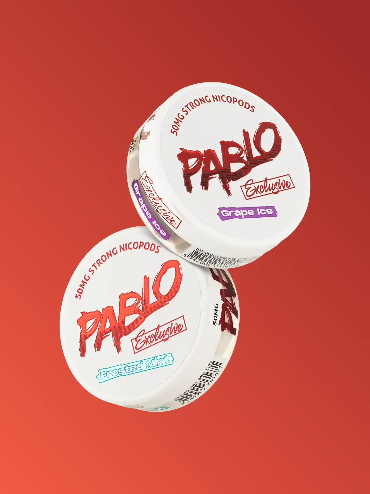 Two tubs of Pablo nicotine pouches in Grape Ice and Frosted Mint flavours floating in front of a red background