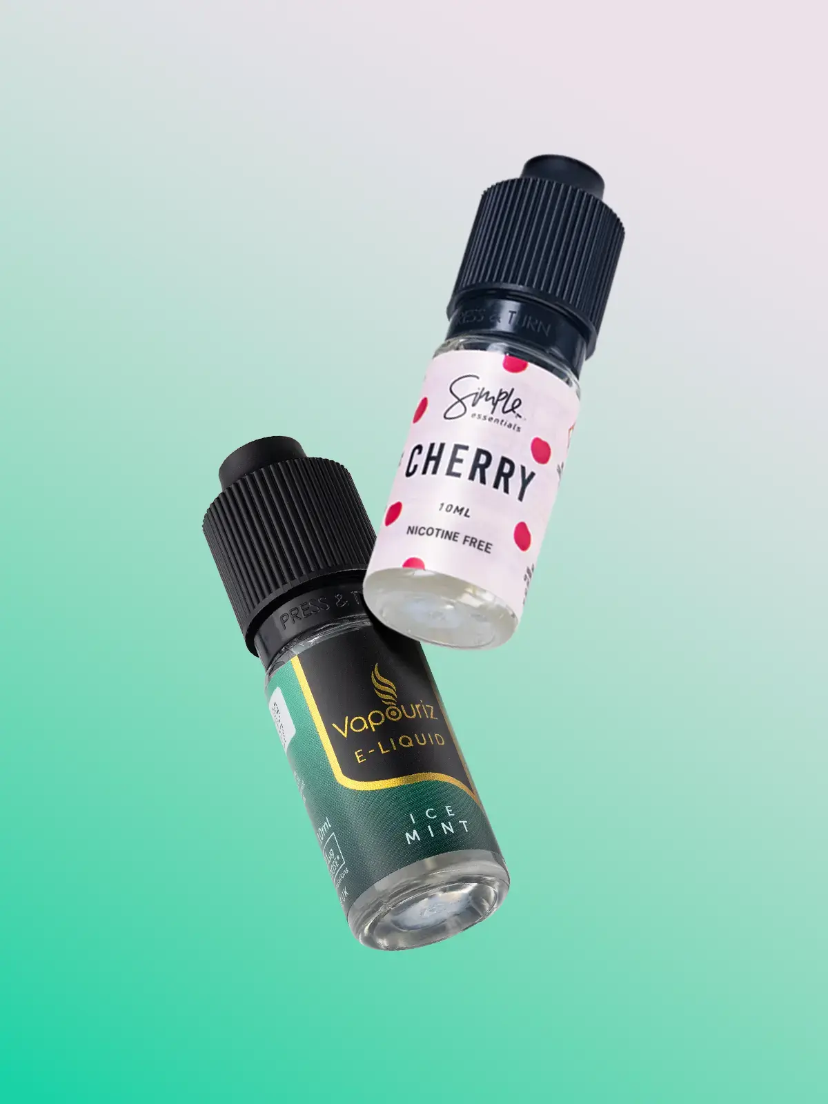 Two bottles of nicotine-free e-liquid; Cherry by Simple Essentials and Ice Mint by Vapouriz