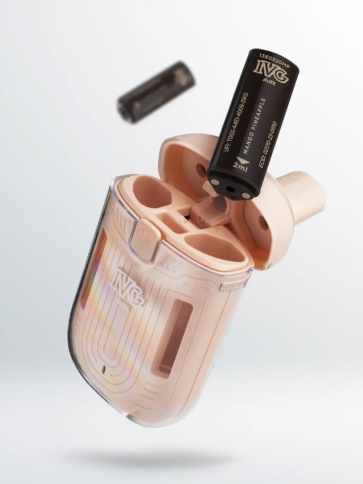 An IVG Air 2in1 device in pink with its top open, floating in front of a white background with a Mango Pineapple flavour refill.