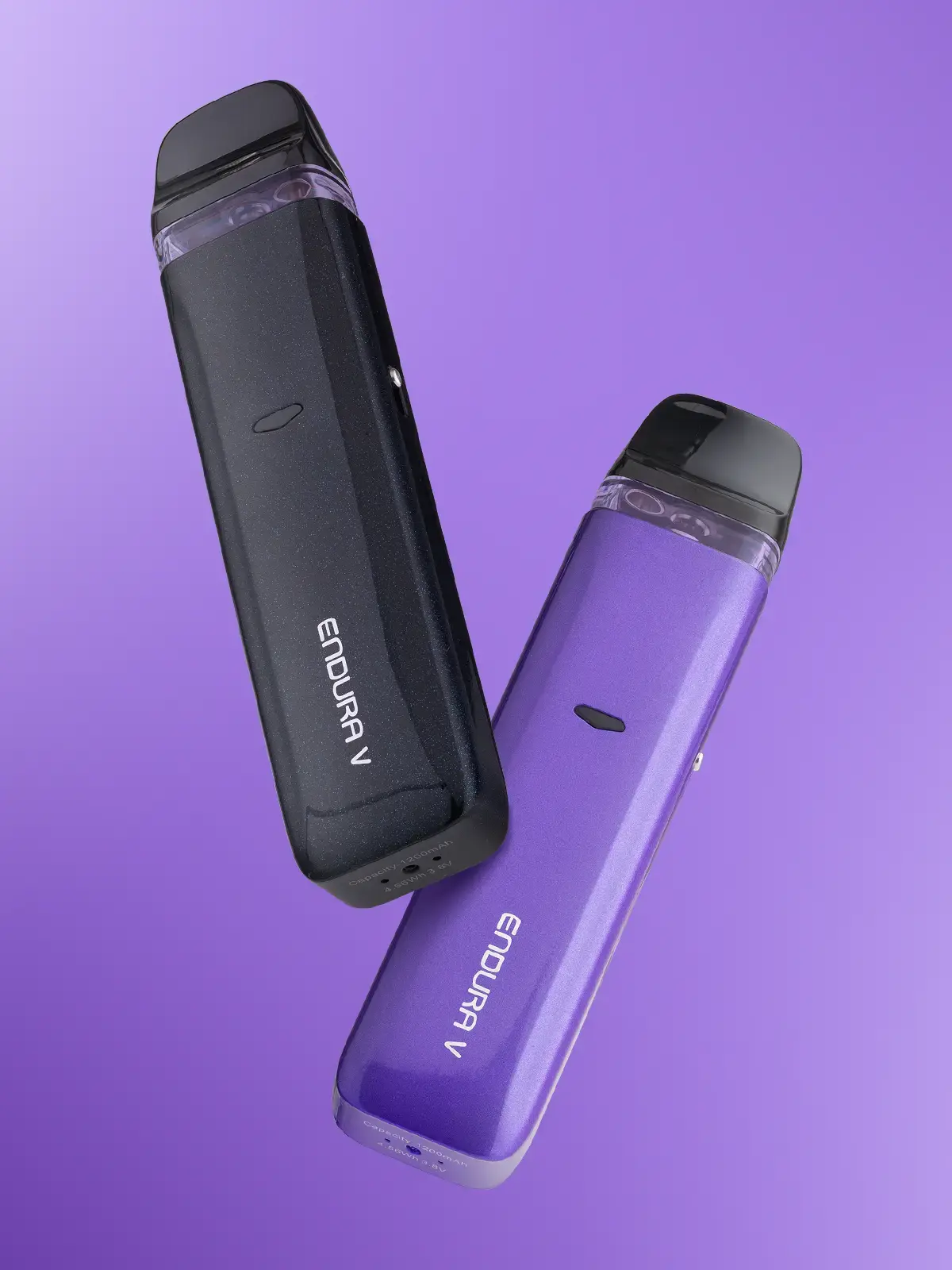 Two Innokin Endura V devices; Black and Purple, floating in front of a purple background