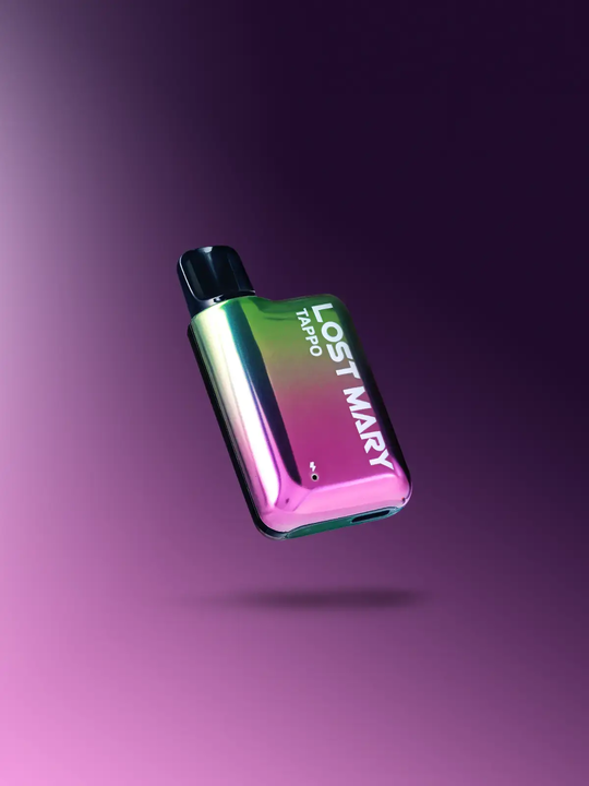 A purple-green metallic Lost Mary Tappo kit floating on a purple background