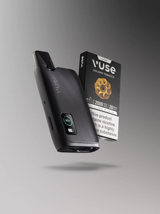 A black Vuse Ultra device floating next to a pack of Vuse Ultra Golden Tobacco pods on a black-grey background