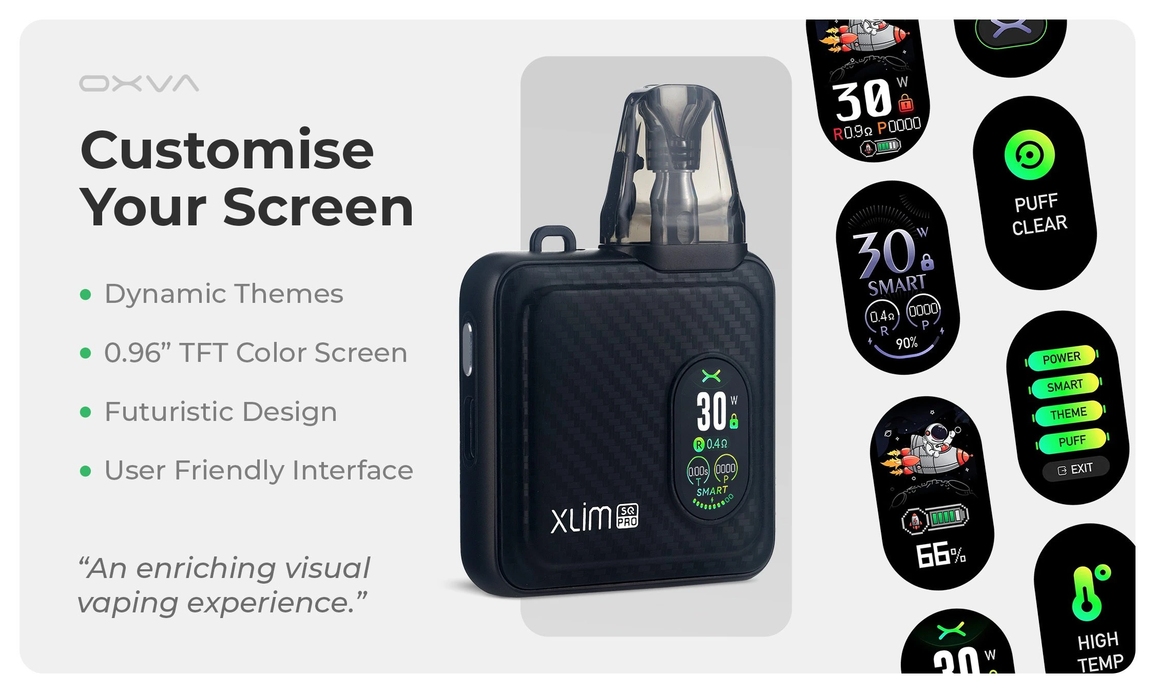 OXVA Xlim SQ Pro graphic showing its customisable colour screen with its features