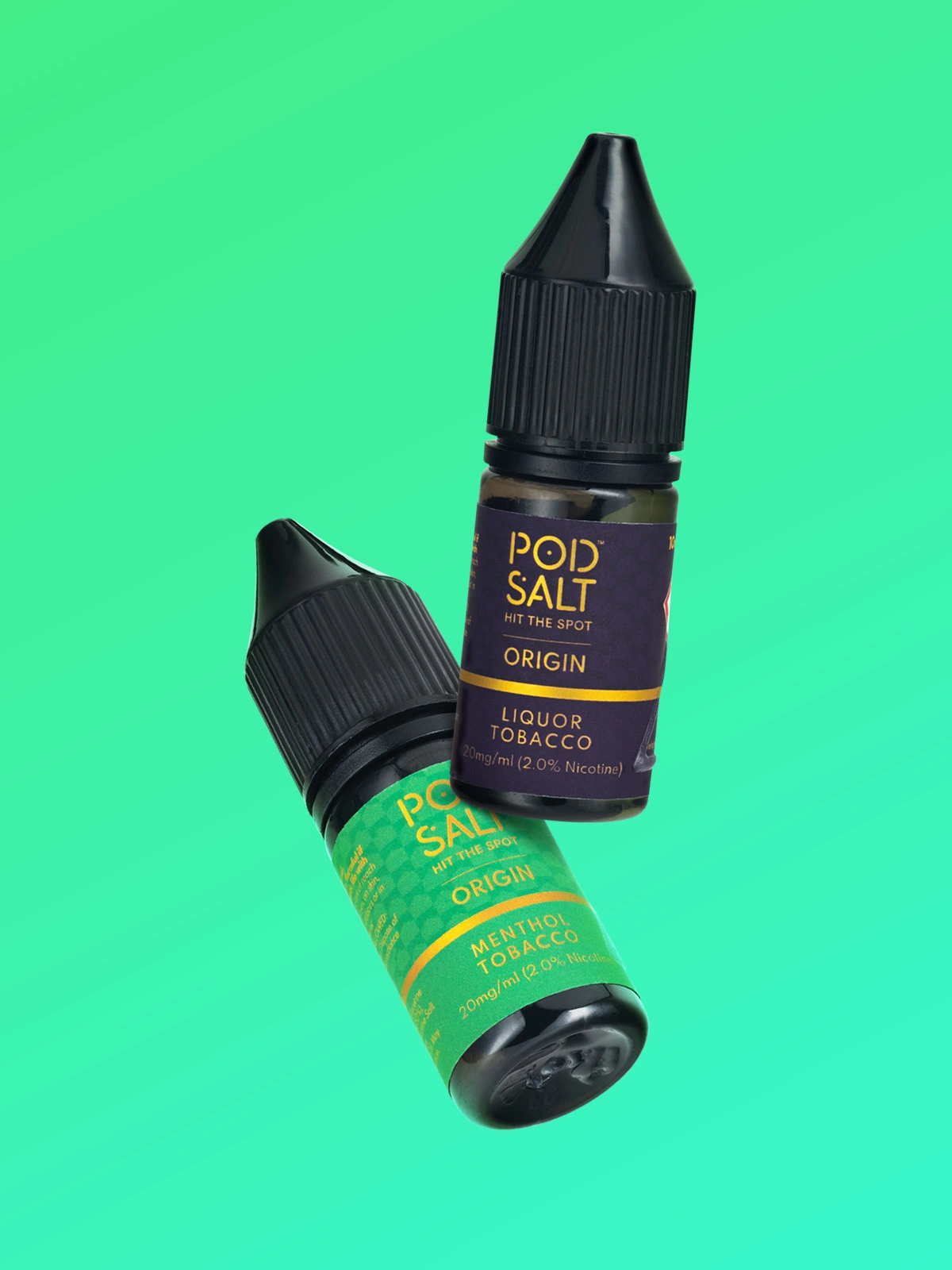 Two bottles of Pod Salt Origin e-liquid in front of a green background