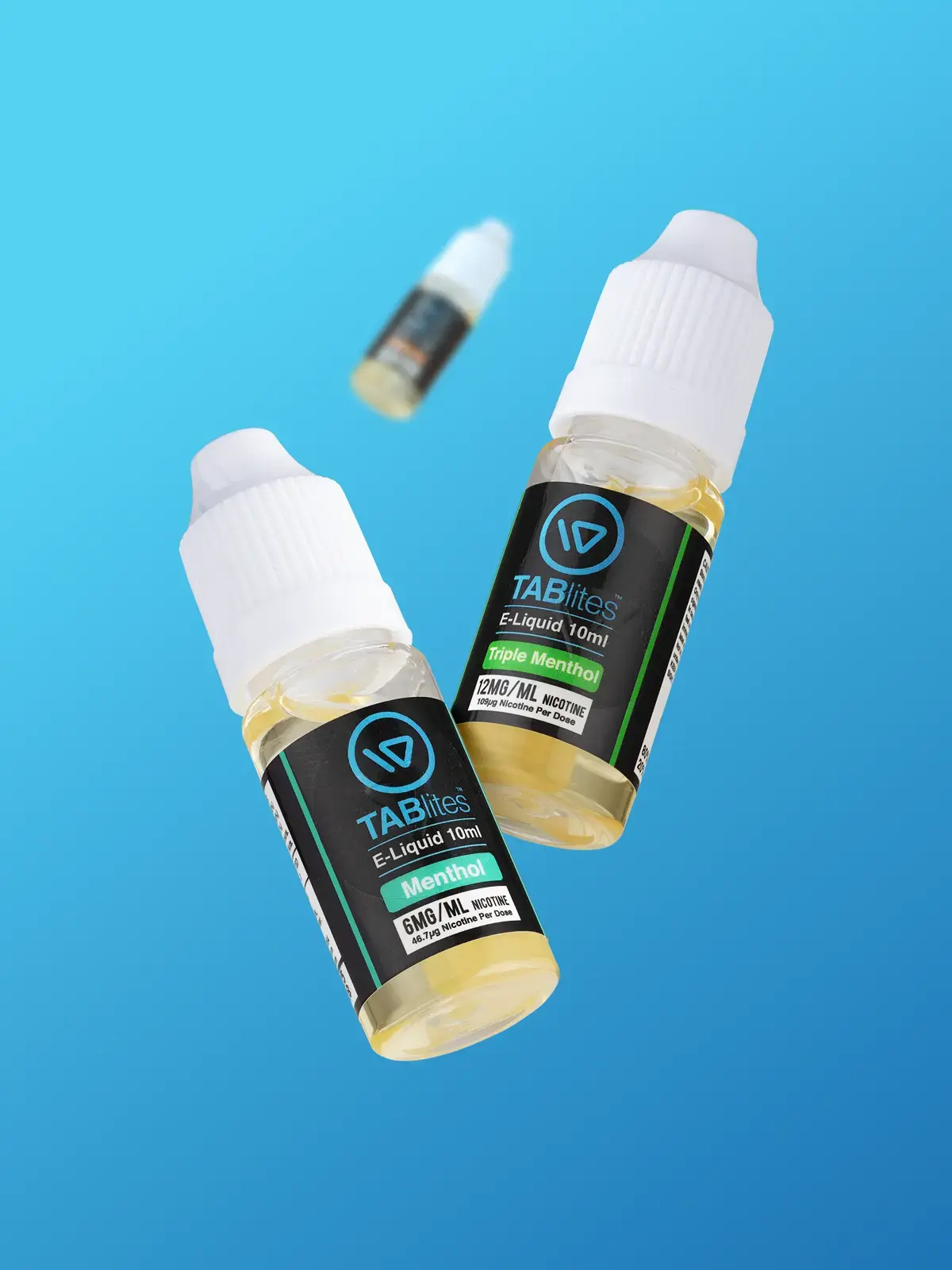 Three bottles of TABlites e-liquid; Triple Menthol, Menthol and Tobacco flavours floating in front of a blue background