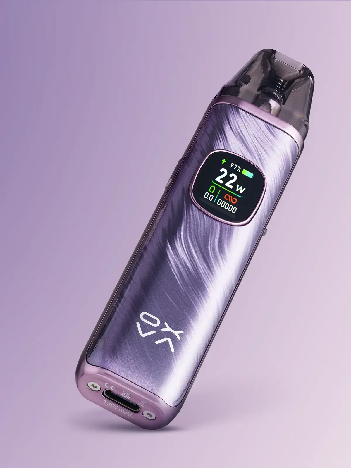 OXVA Xlim Pro 2 in Dream Purple colour, leaning to reveal the USB Type-C port on the bottom. Purple background