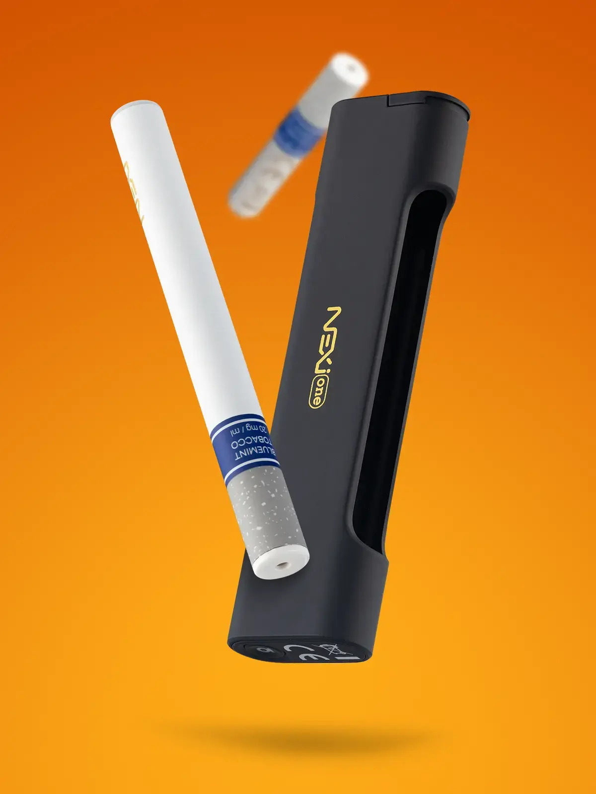 An Aspire Nexi One device with its e-cigarette out of the holder, floating in front of an orange background.