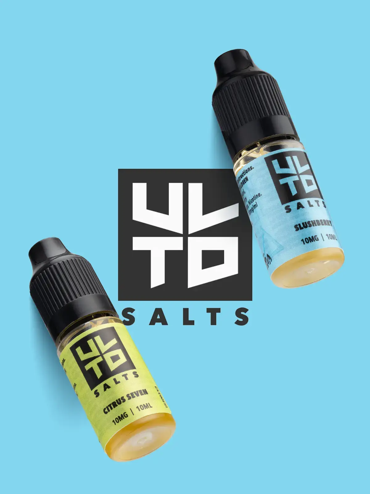 Two bottles of ULTD Salts E-liquid; Citrus Seven & Slushberry, floating in front of a light blue background featuring the black ULTD logo