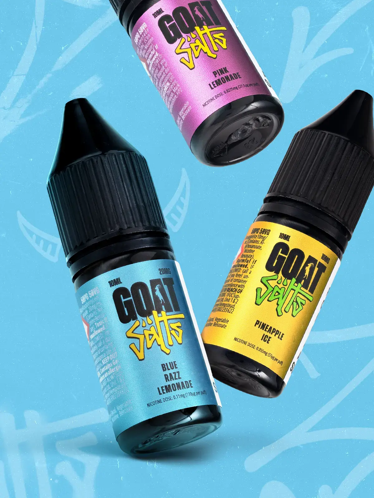 Three bottles of GOAT Salts; Pink Lemonade, Blue Razz Lemonade and Pineapple Ice flavours floating in front of a stylised blue background