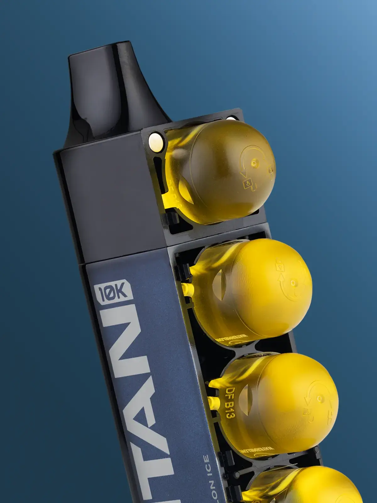 A close-up of the Titan 10K device showing its pods exposed on the side. Dark blue background