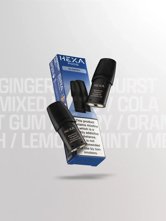 Two HEXA Sira pods floating on top of their blue-coloured packaging on a white background