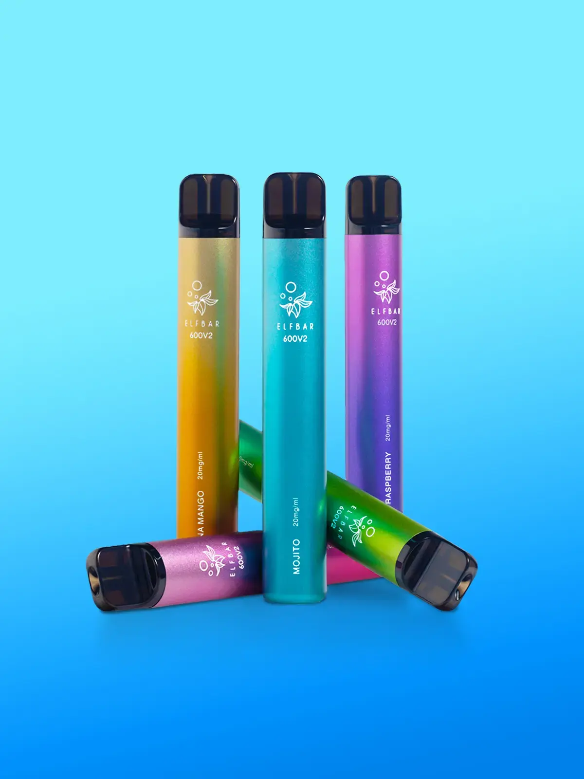 Group shot of Elf Var 600 V2 disposable vapes including Mojito, Banana Mango, Blueberry Raspberry, Blueberry Kiwi and Pink Lemondade in front of a light blue background