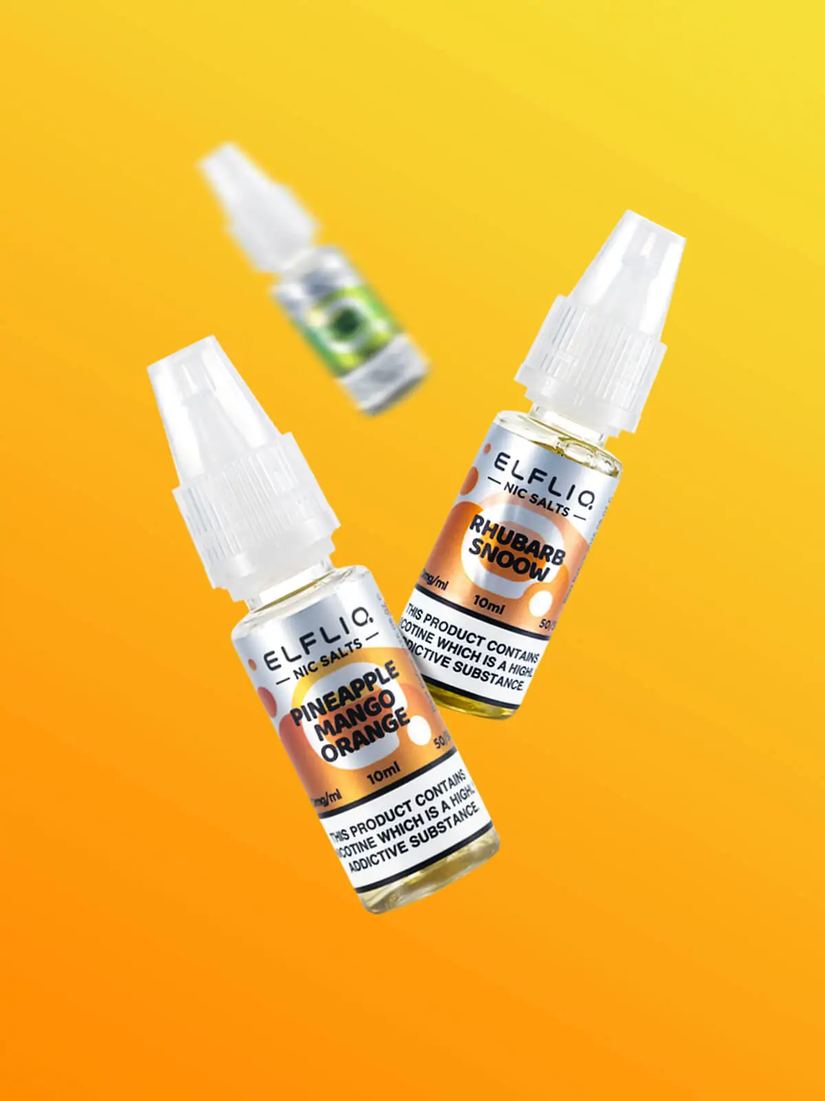 floating Elfliq e-liquid bottles in front of an orange background