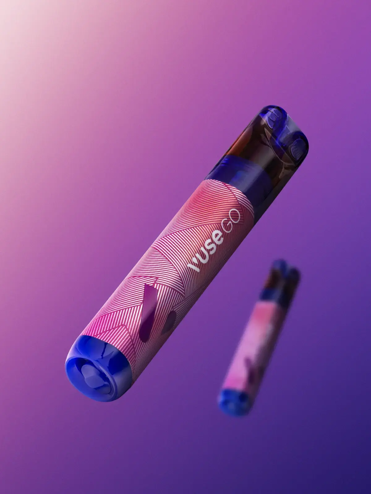 Two VUSE Go 1000 disposable vapes, one out of focus, floating in front of a gradient pink and purple background.