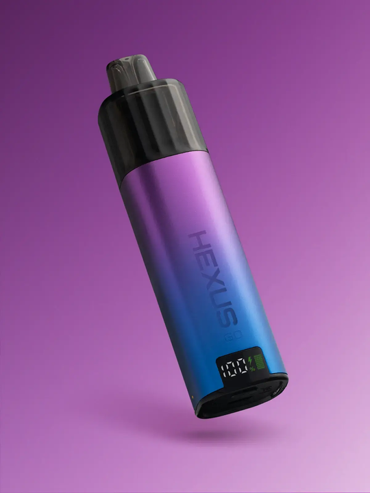 A purple and blue-coloured Hexus Go vape kit floating on a purple background