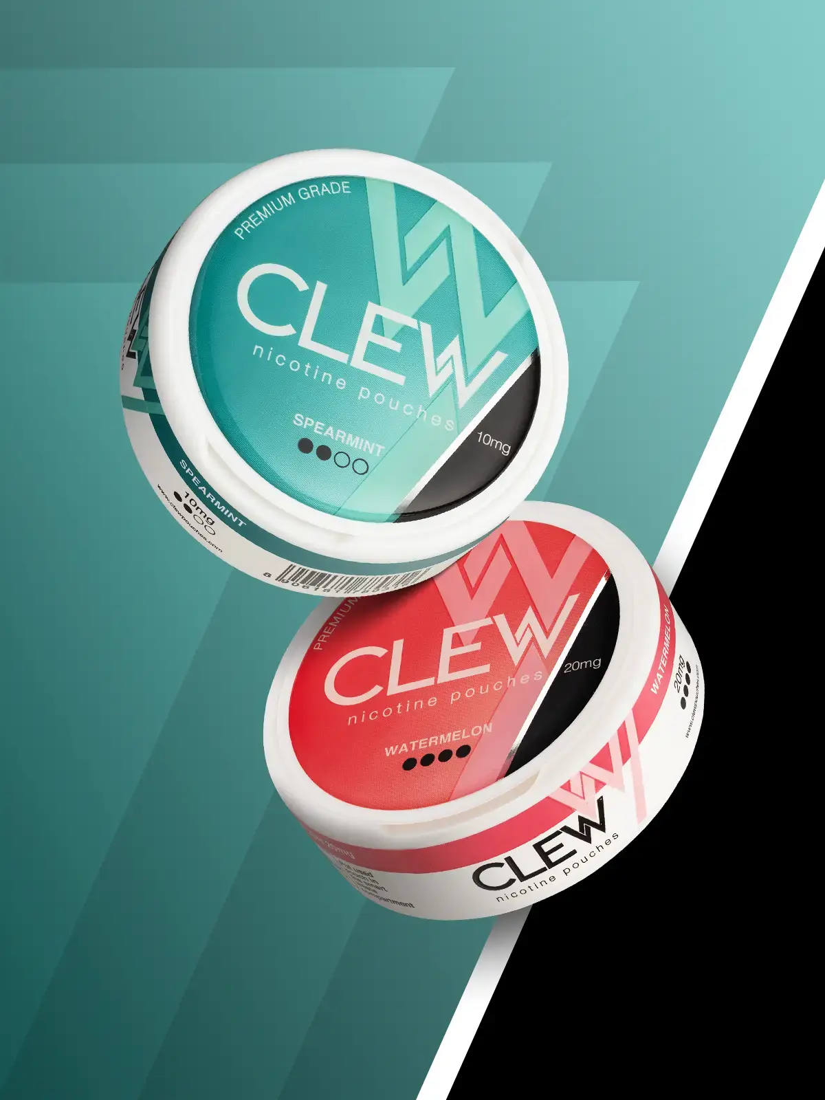 Two tubs of Clew nicotine pouches in Spearmint and Watermelon flavour, floating in front of a stylised turquoise background.