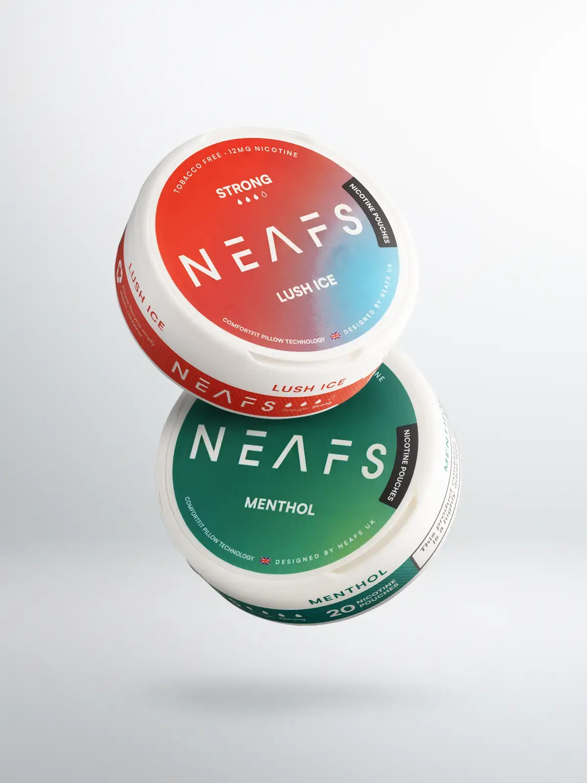 Neafs pouches in Luch Ice and Menthol flavour, floating in front of light background.