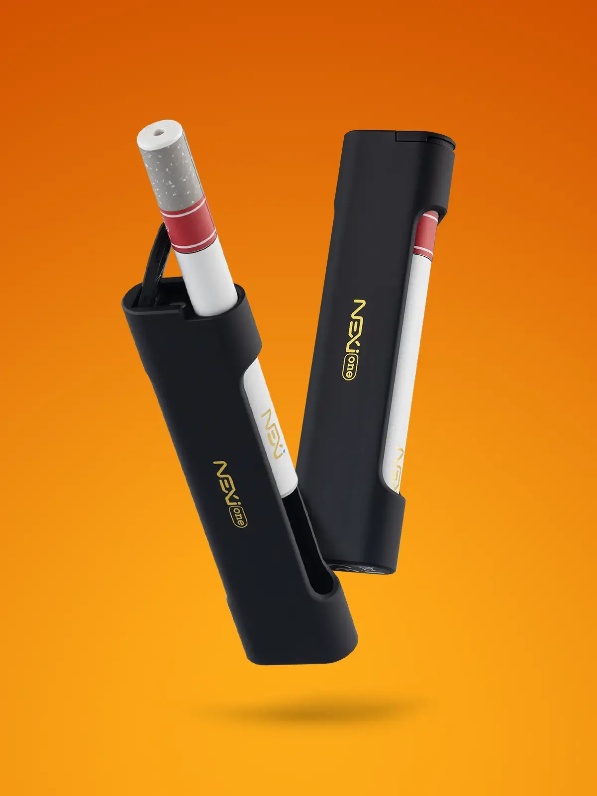 Two Aspire Nexi One devices, one with its e-cigarette poking out the top. Floating in front of an orange background