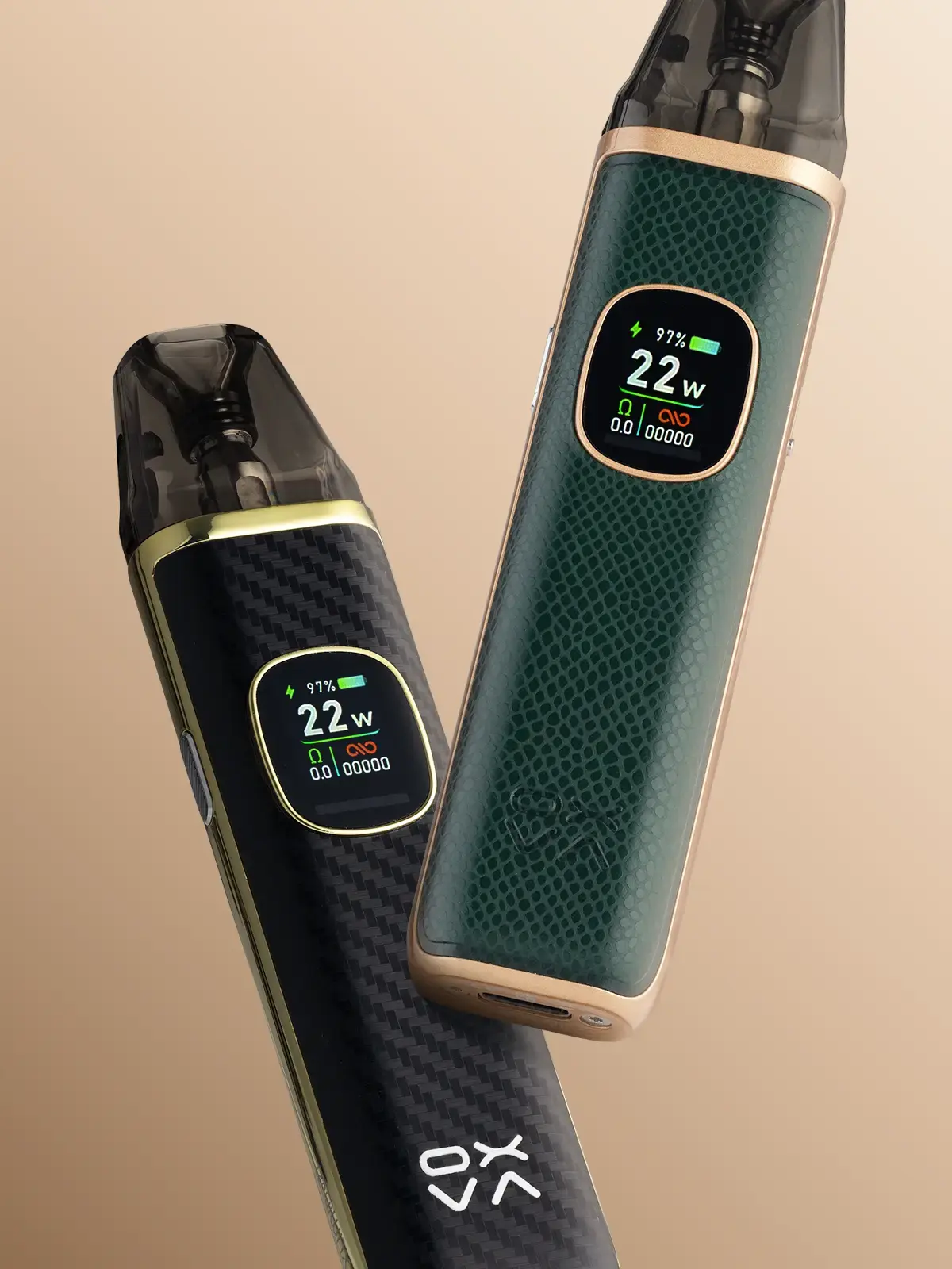 Two OXVA Xlim Pro 2 devices in Green Python and Black Carbon colours floating in front of a light brown background