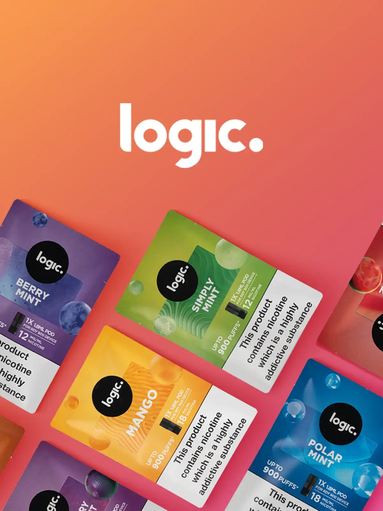 A pack of Logic RDY 900 Simply Mint & Mango pods side by side on a coral background, with the Logic logo above it.