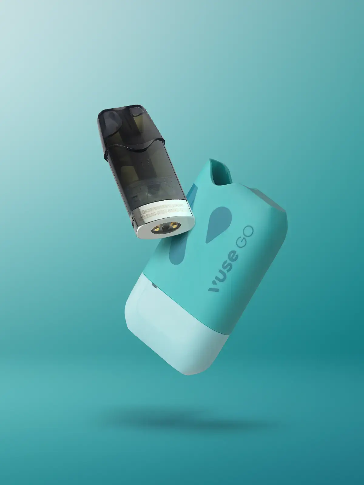 A VUSE Go Reload 1000 vape in Aqua colour, with its pod out besides it floating in front of a light blue background.