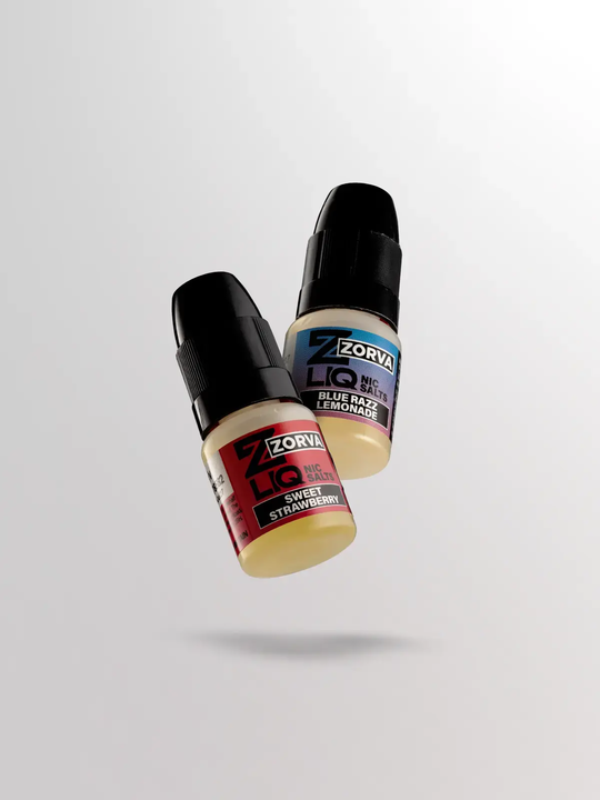 A Sweet Strawberry ZORVA E-liquid & Blue Razz Lemonade ZORVA E-liquid floating side by side on a white background