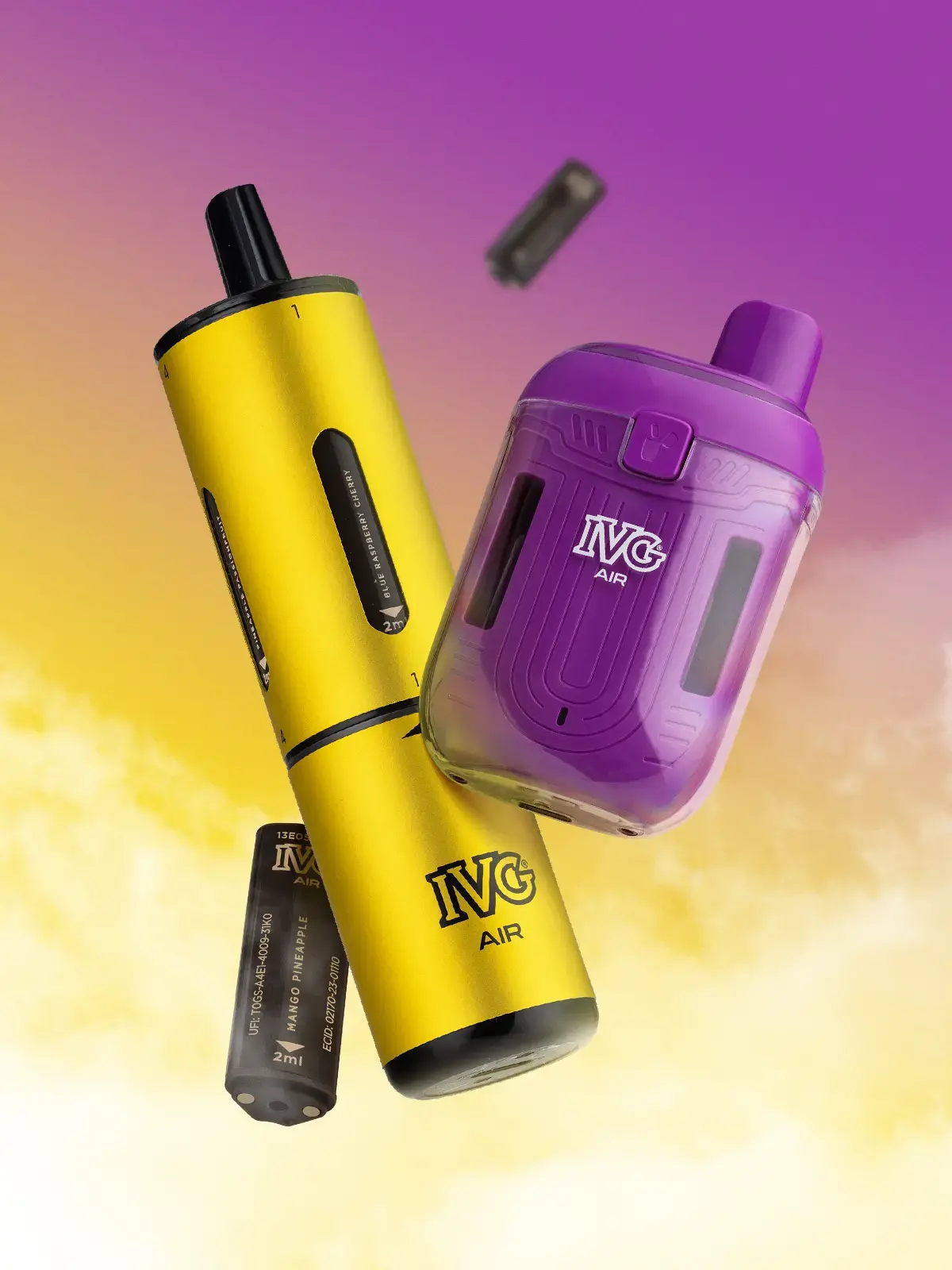 An IVG Air 4-in-1 device in Yellow and an IVG Air 2-in-1 device in purple, floating in front of a cloudy yellow and purple background along with two floating refill pods.