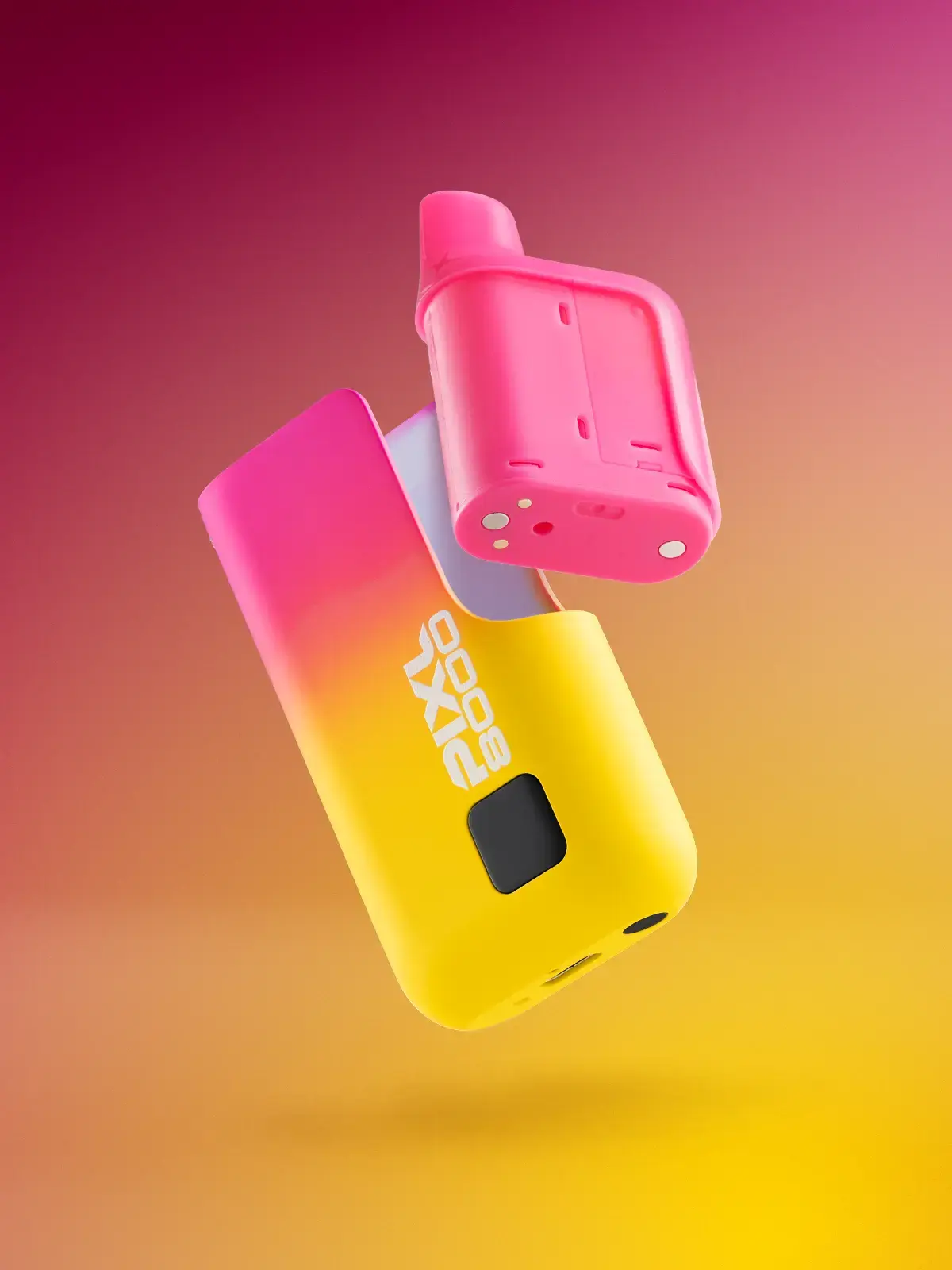 A Pixl 8000 device floating with its pod disengaged in front of a yellow and pink gradient background