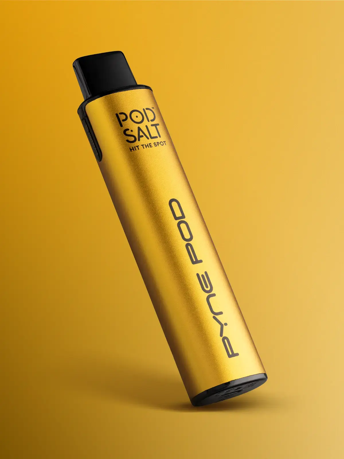 A Pod Salt Pyne Mango Edition device, golden-yellow in colour, leaning in front of a yellow-gold background.