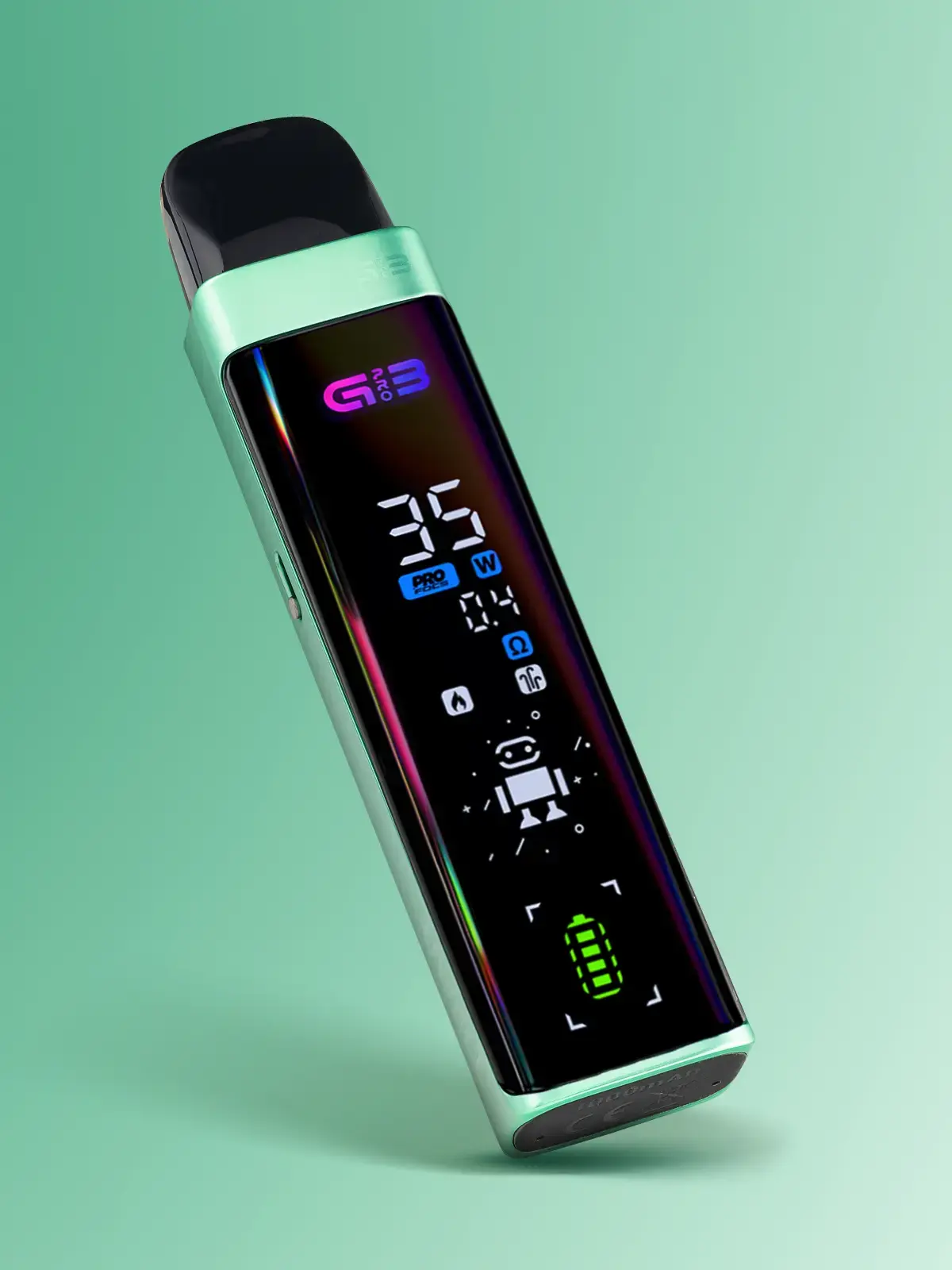 UWELL Caliburn G3 Pro device in Emerald Green colour, leaning in front of a pastille green background