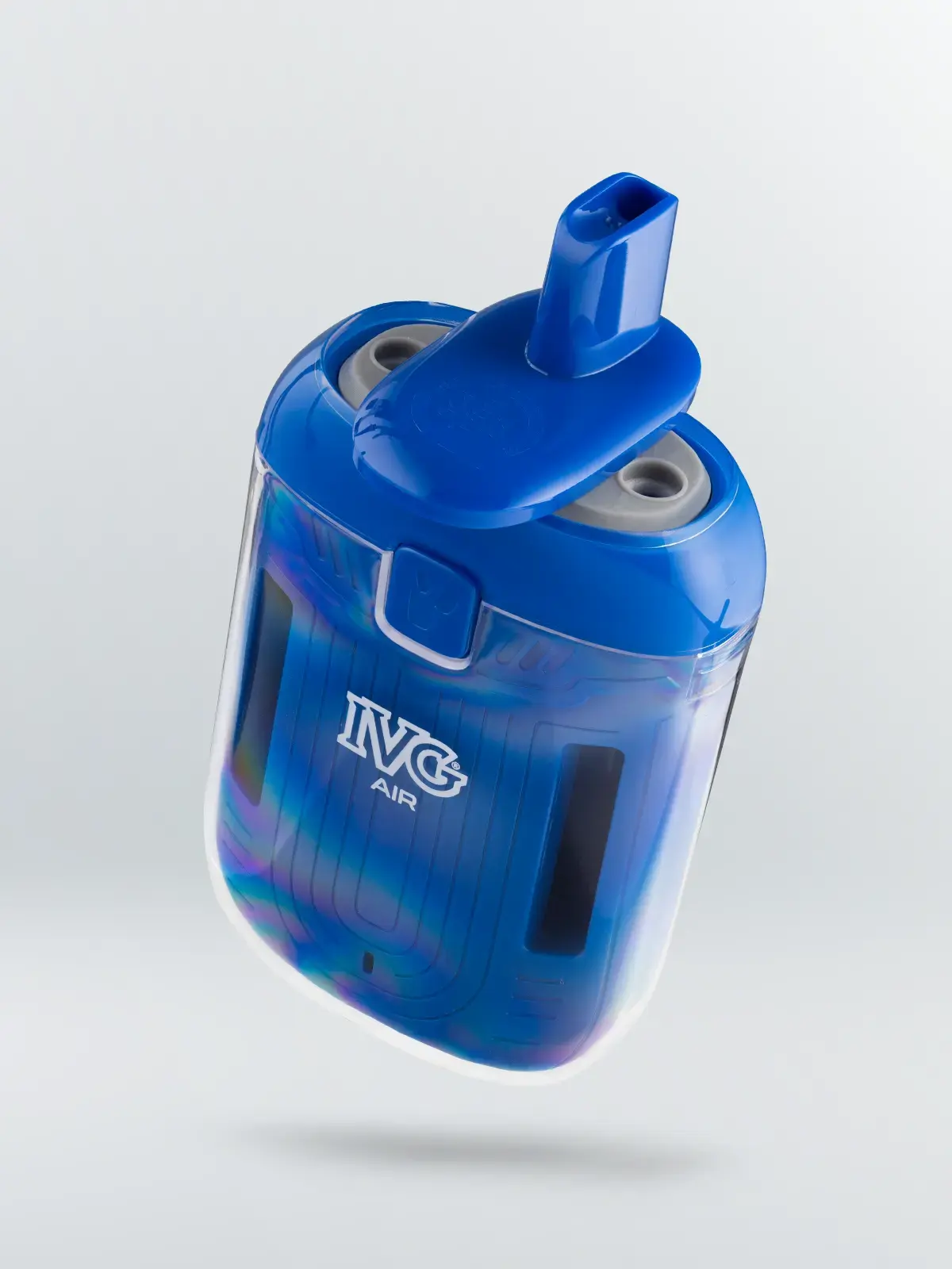 An IVG Air 2in1 device in blue showing the rotating mouthpiece for switching flavours.