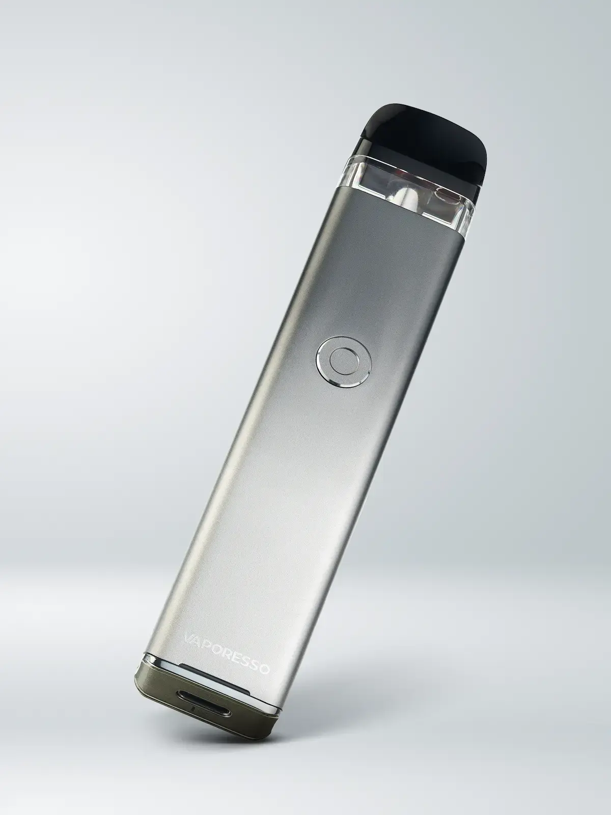 Vaporesso XROS 3 device in Silver, leaning to show its USB type-C charging port on the bottom.