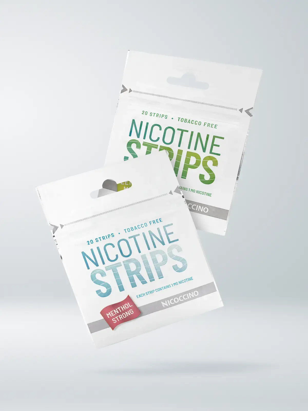 Two packs of Nicoccino nicotine strips floating in front of a light background.