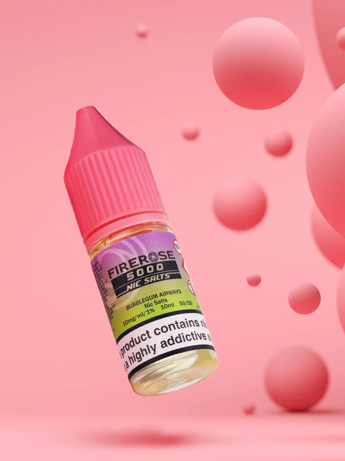 A bottle of Firerose 5000 e-liquid in Bubblegum Airways flavour, floating in front of a pink background with pink spheres