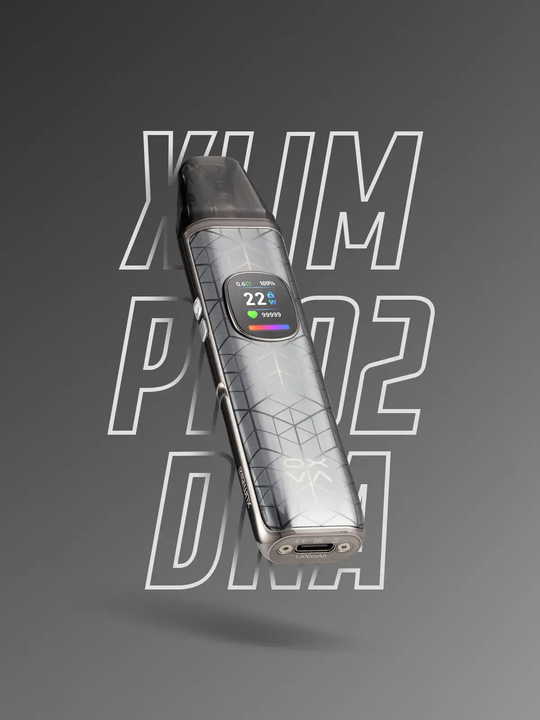 A silver OXVA XLIM Pro 2 DNA kit on a grey background with the logo behind it.