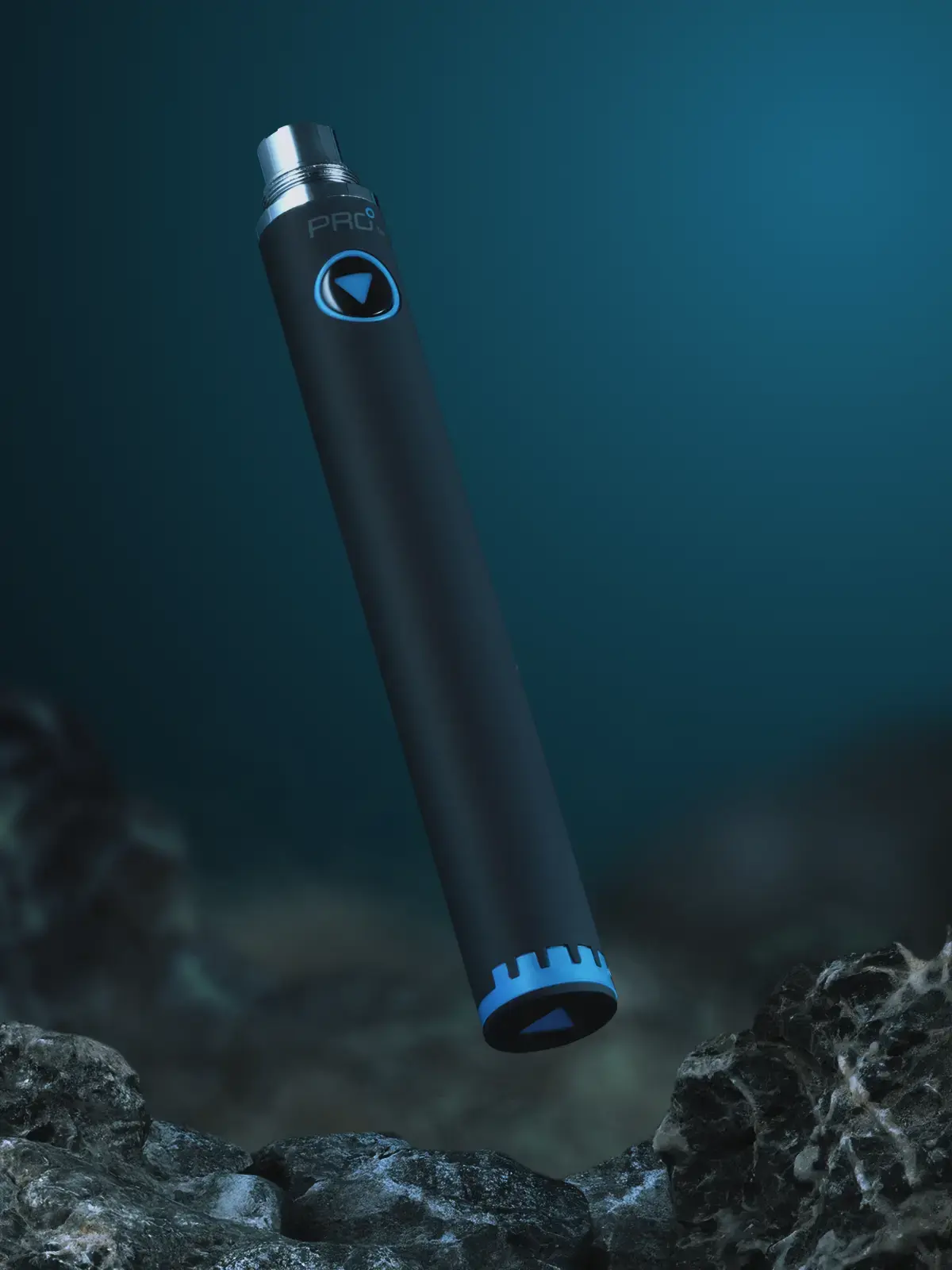 blu Pro battery without a clearomizer, floating in front of a stylised background featuring rocks and blue hues.