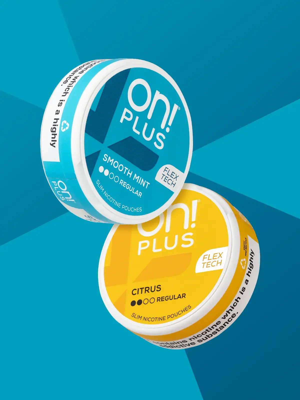 Two tins of On! nic pouches; Smooth Mint and Citrus flavours, floating in front of a stylised blue background